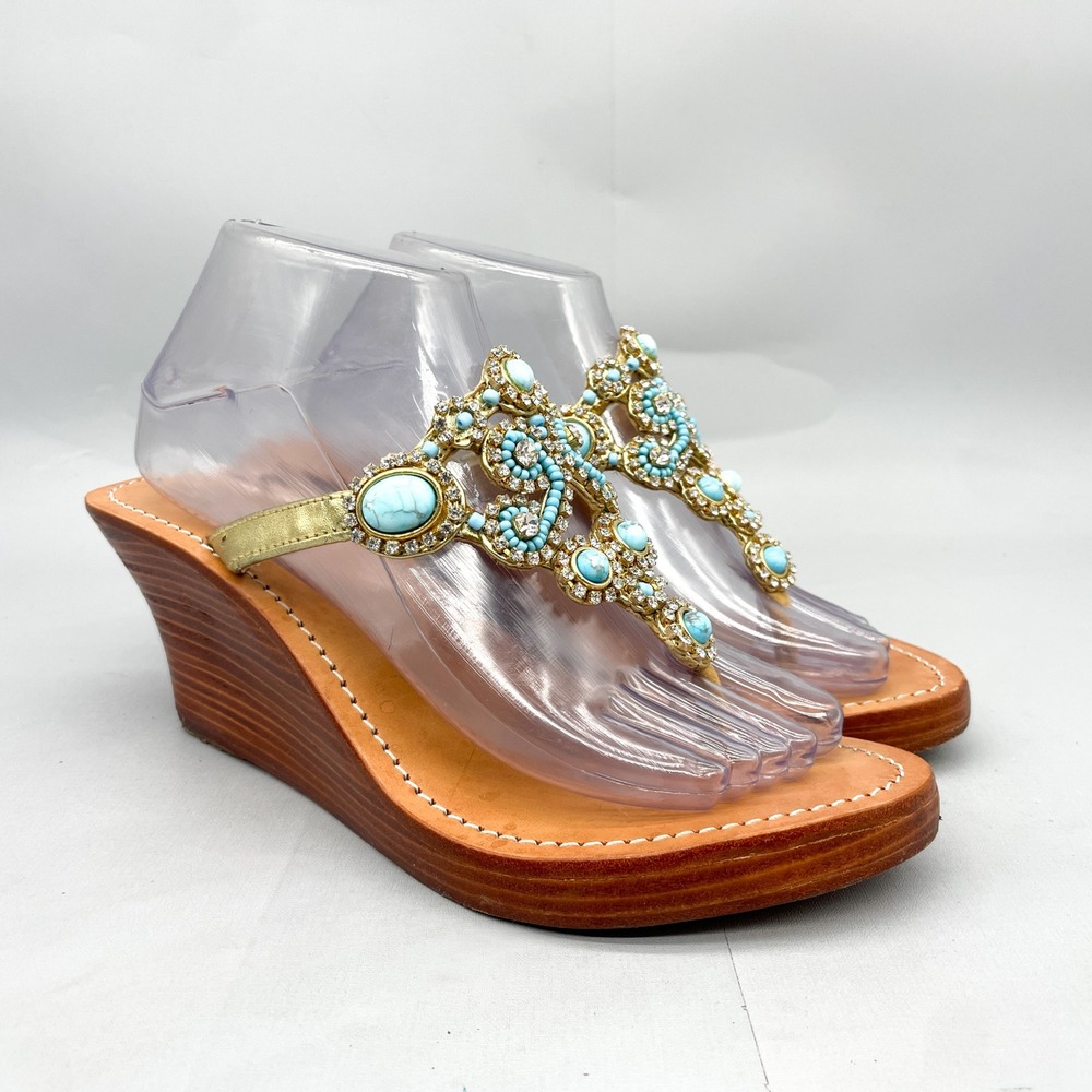 Mystique Womens 10 Turquoise Beaded Gold Leather Wedge Thong Sandals Shoes Boho